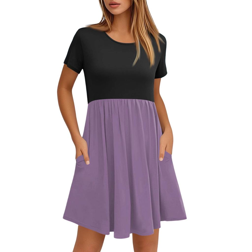 Women's Fashion Casual Loose Round Neck Short Sleeve Colour Block Pocket Dresses