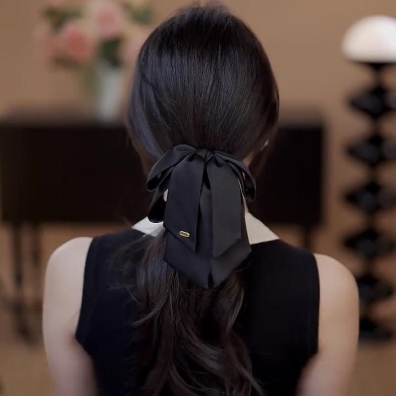 Simple Black Satin Bow Ponytail Clip For Women Girls Light Luxury Hair Clip Temperament Exquisite Hairpin Hair Accessories