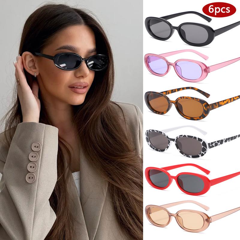 6pcs Small Oval Sunglasses Women Men Trendy Vintage Colorful Design Cat Eye Sun Glasses Female Leopard Black Punk Eyewear UV400