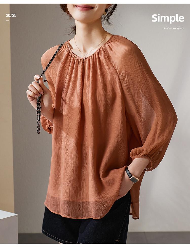 100% mulberry silk round neck seven quarter sleeved shirt for women in summer 2026, thin, loose and versatile silk top
