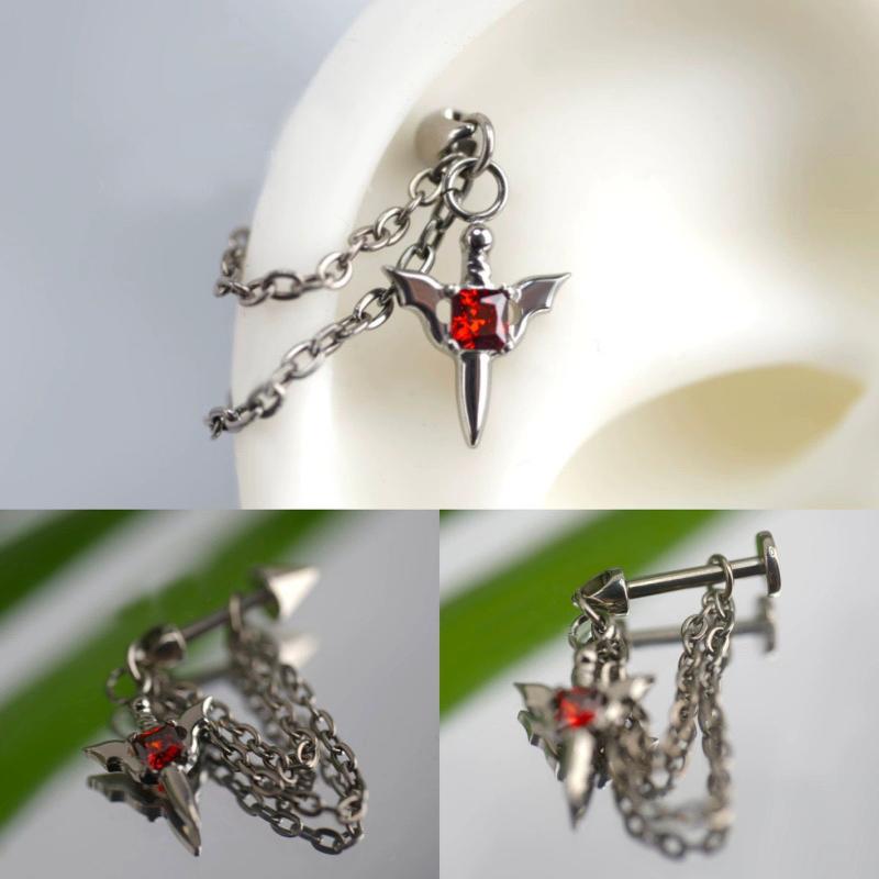 Red Zircon Wing Chain Piercing Earring For Women Men Gothic Silver Color Rivet Ear Bone Nail Earring Y2K Jewelry Accessories