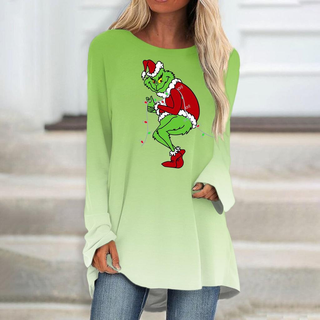 Modna damska koszulka z nadrukiem i długim rękawem w dużym rozmiarze i okrągłym dekoltem