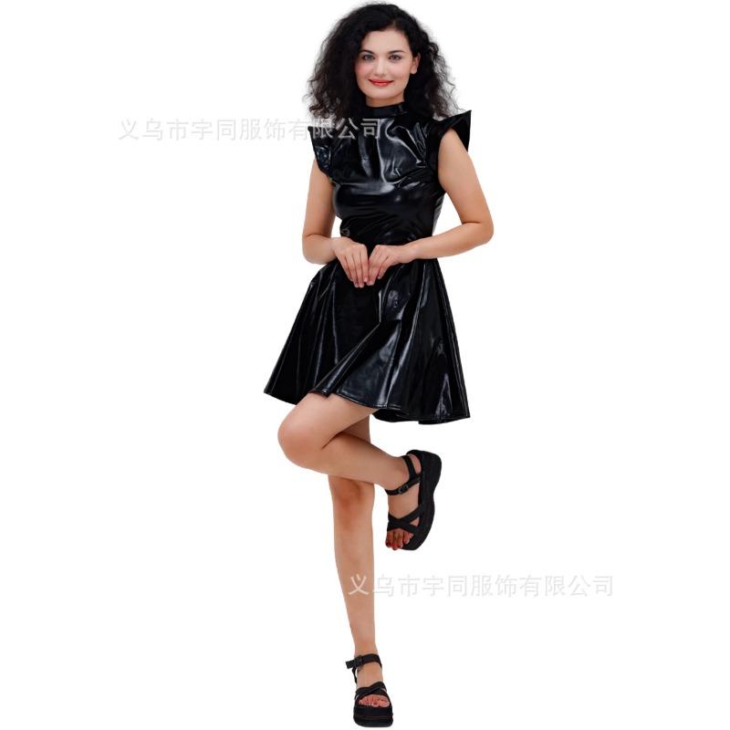 

New Halloween Costume Bronzing Patent Leather Solid Color Sexy Party Dress Performance Costume Factory Straight Hair S чёрный