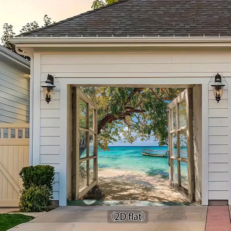 2D Tropical Beach Window Backdrop, Summer Vacation & Travel Themed Party Photography Background