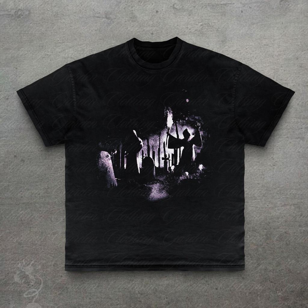 Y2k Graveyard Graphic Tee, Spooky Gothic T-Shirt for Men Women, Vintage Style Halloween Cemetery Shirt, Haunted Ghost Top, Goth Clothing