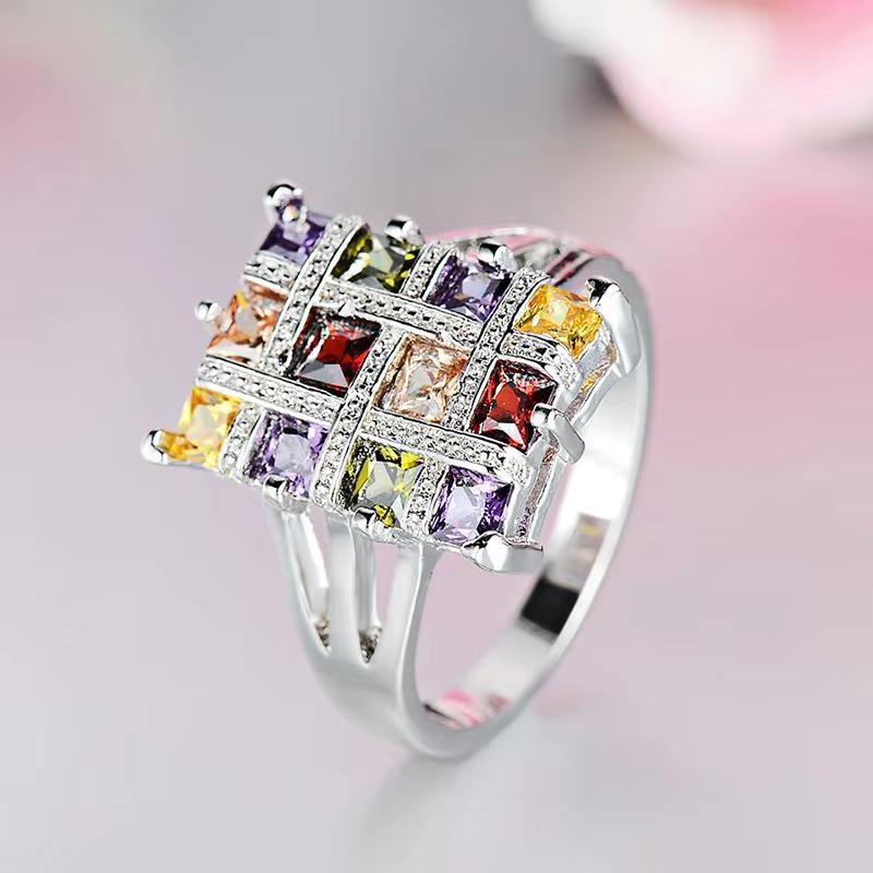 

Huajie Women s Sweet Fresh Multicolor Plaid Zircon Rings Elegant Charming Party Gifts Exquisite Ring Trend 12 різнокольоровий