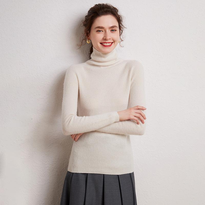 Women's 100% Cashmere High Neck Slimming Pullover Sweater - Solid Color, Warm, Versatile Knit Base Layer