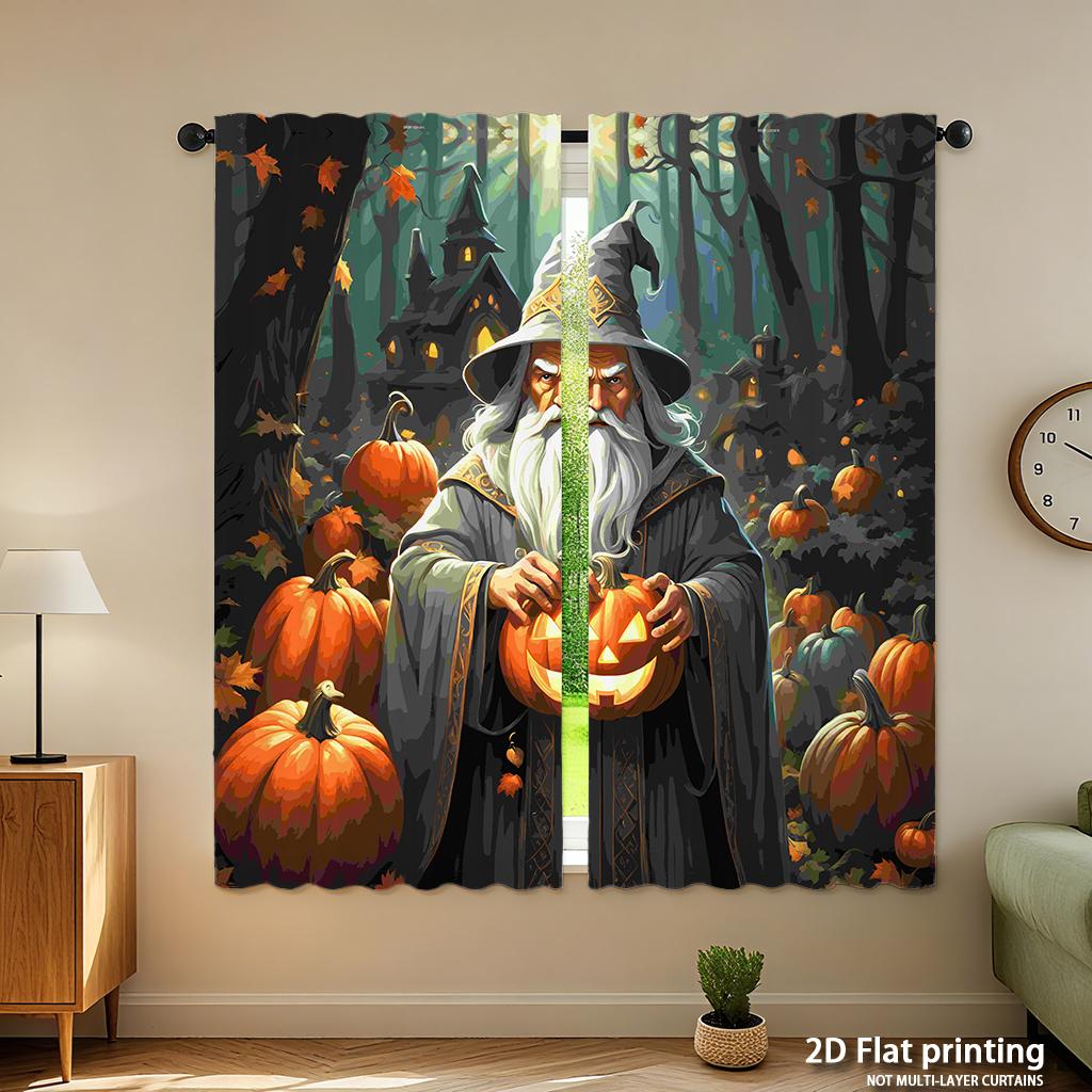 Piece Set High Definition Digital Printed Curtainshalloween Wizard Darkgreen Orange Pumpkin Theme Style Curtainhome Decorat Curtain Polyester