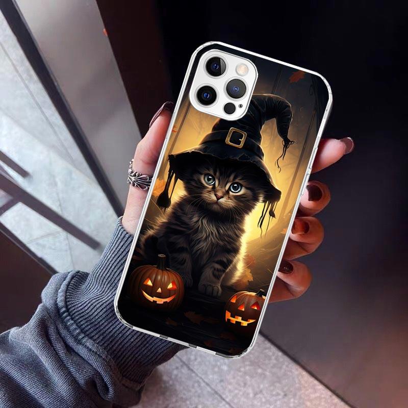 Black Kitten Halloween Pumpkin Phone Case For iPhone 17 Air 11 13 Mini 14 15 Plus 16 12 Pro Max 16E SE 7 8 Pattern Soft TPU Back
