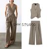 MD Young Work Clothing Style Linen Blend Suit Vest 6003665 Mid Waist Double Pleated Wide Leg Pants 5010665