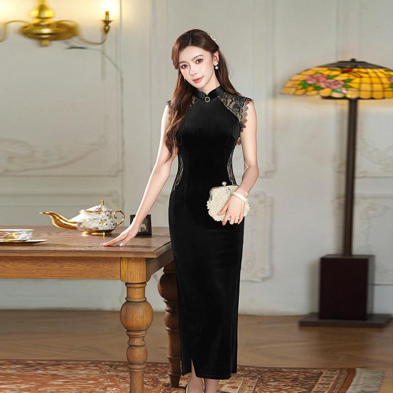 Elastic sexy black velvet national style new Chinese Suzhou autumn cheongsam improved young women's high-end dress