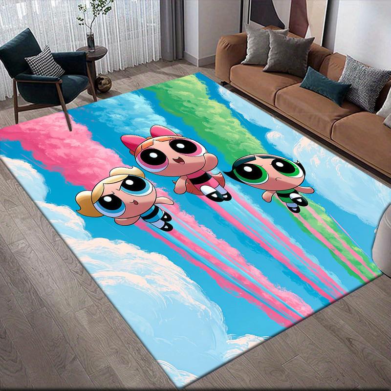 The Powerpuff Girls Flannel Pattern Square Carpet,Area Rug,Carpet Rug for Living Room Bedroom Sofa Playroom Decor,Non-slip Floor Mat