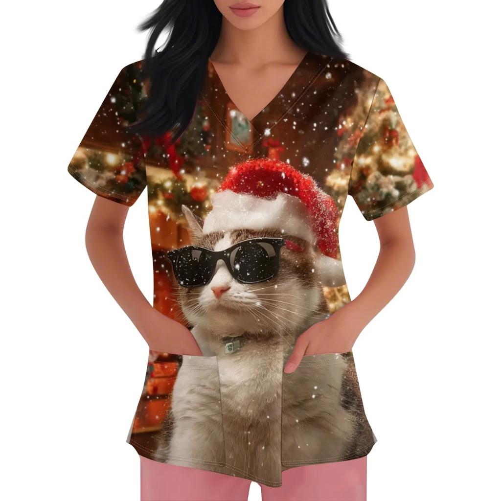 Clinical Uniform Women Gingerbread Santa Claus Print Christmas V-Neck Scrubs Women Fashion Short Sleeve Surgical Uniforms Top's