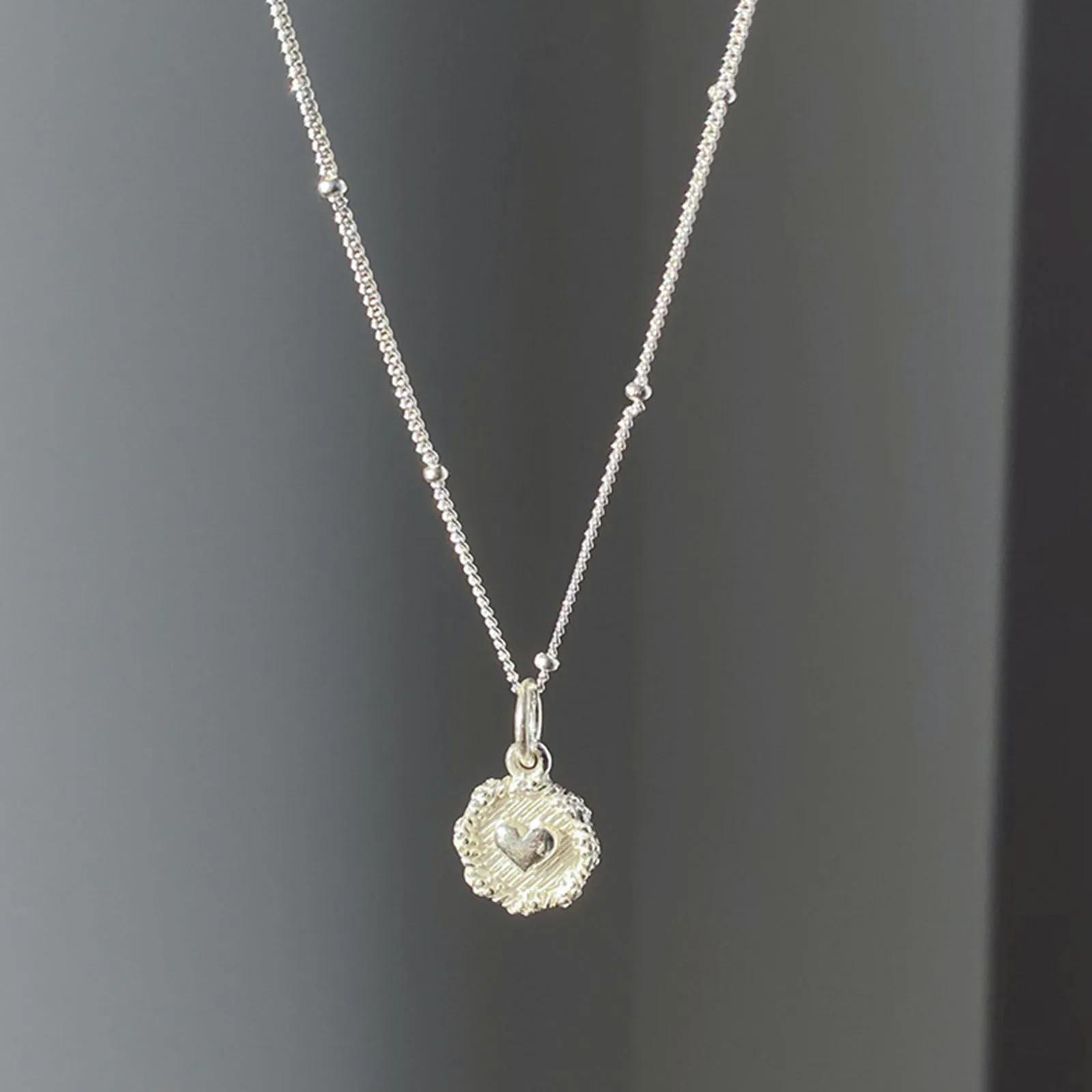 

925 Sterling Love Heart Texture Bead Necklace for Women Girl Stereoscopic Design Double Sided Jewelry