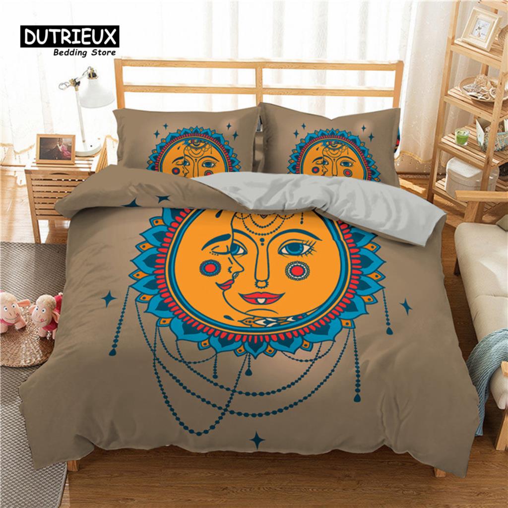 

Богемний Мандала Підковдра Золоте сонце та місяць 3D друк Король Queen Постільна білизна з мікрофібри Ловець снів Підковдра Обкладинка Наволочка EU Single(135*200cm)3pcs