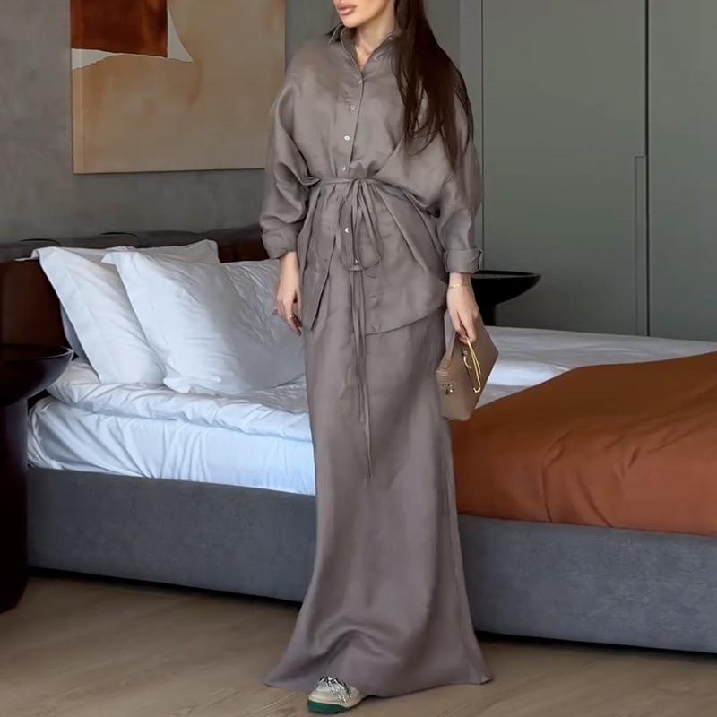 European & American Women's Spring/Summer 2025 Fashion: Loose Turn-down Collar Long-Sleeve Shirt & High-Waist Midi Skirt Set