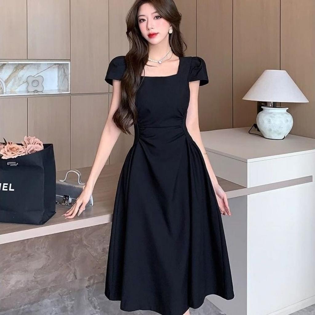 French coffee break square neck short-sleeved solid color dress summer new temperament waist fold fashion splicing long skirt