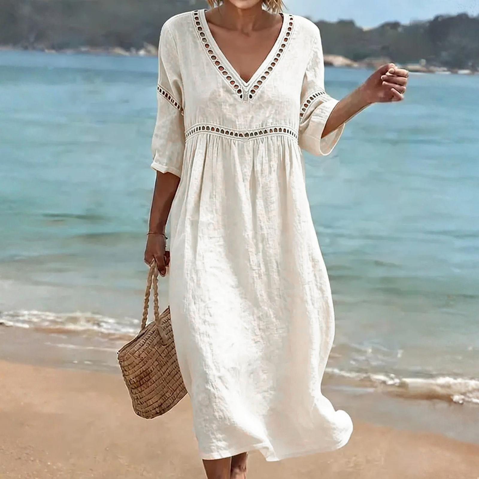 

Women s Fashionable Casual V-Neck -Color Beach Dress: Loose-Fitting Openwork Dress L бежевый