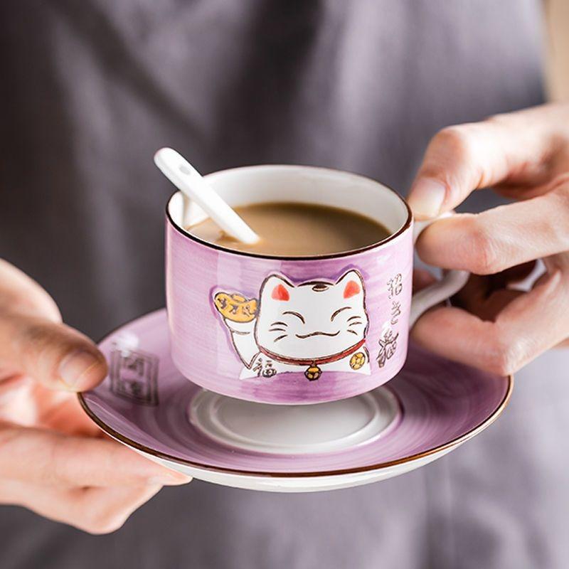 Coffee Cup Waterware Lucky Cat Dish Saucer Spoon Set Gift Box Japanese Green Handle Cartoon Tea Drinkware Home Kitchen Supplies