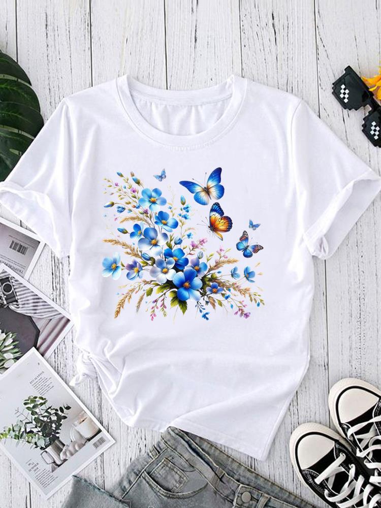 (Asian Size) O-neck Short Sleeve T-shirts Fashion Female Casual Clothing love heart flower Women's Top T shirt Printed Graphic Tee