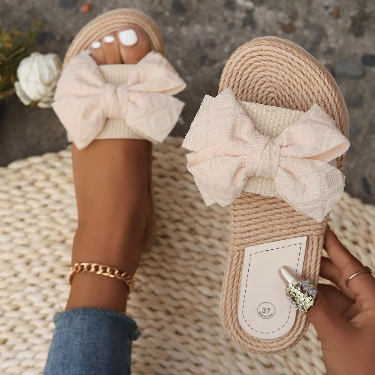 

Летние Новые Домашние Легкие Тапочки для Отдыха и Комфорта с Льняным Бантом и Плоской Подошвой, Нескользящие Сандалии 35