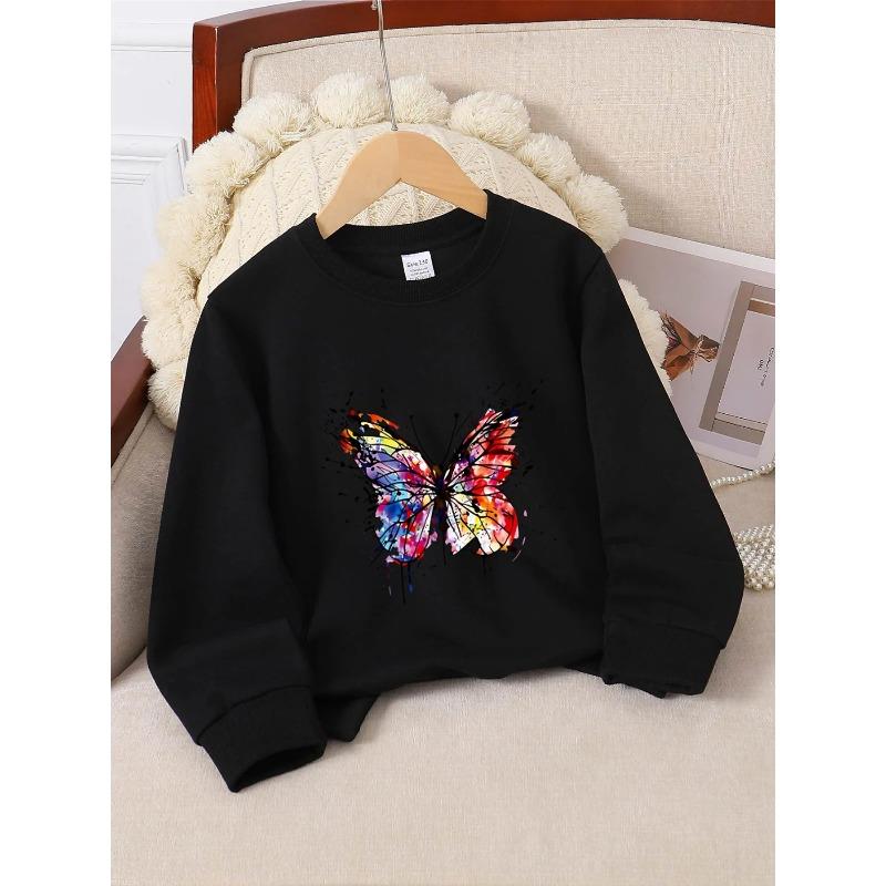 European sizes Crewneck Sweatshirt for Kids Featuring a Vibrant Butterfly Design, It Serves As Both Sportswear And Casual Attire