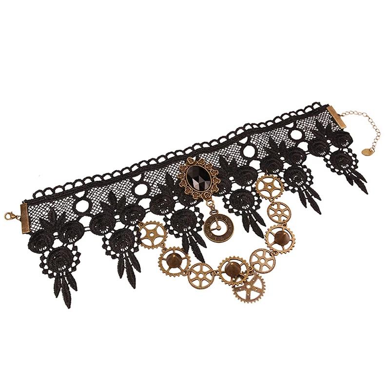 Collares Sexy Gothic Chokers Crystal Gear Chain Black Lace Neck Choker Necklace Vintage  Women Chocker Steampunk Jewelry
