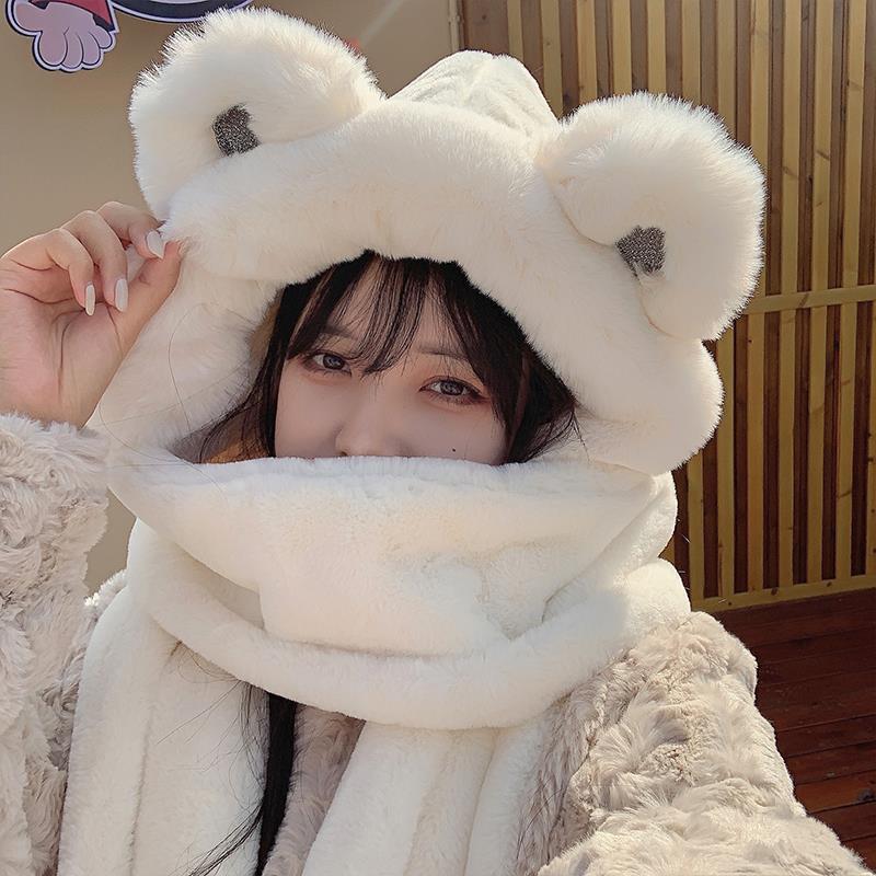 Bear hat cute female versatile autumn and winter scarf integrated warm gloves scarf three-piece trendy