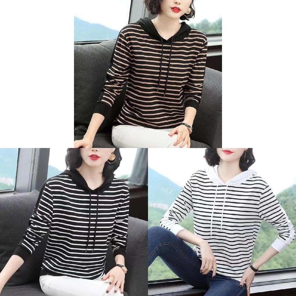 Mid Autumn Season Striped Hoodie T Shirt For Women With Patching And Loose Fit