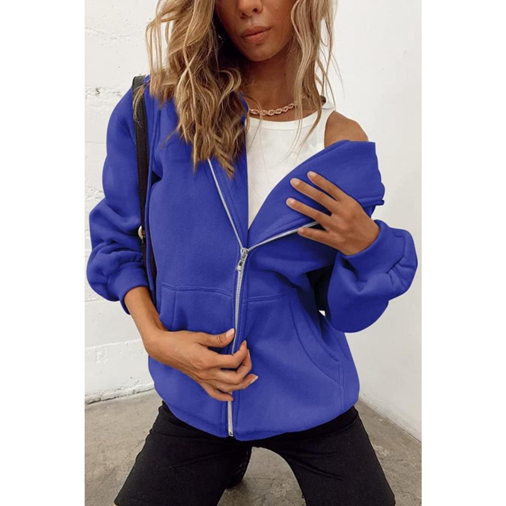 Felpa con cappuccio e zip lunga da donna, vestibilità larga, giacca casual con tasche