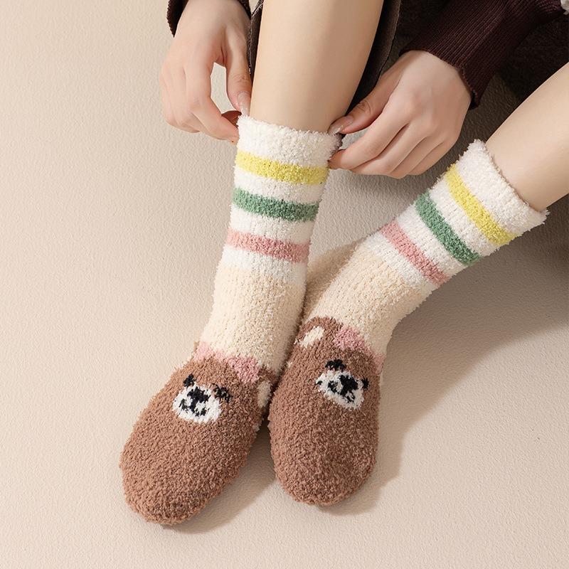 Coral fleece autumn and winter socks women's fleece thickened cartoon bear medium tube socks warm and comfortable home sleeping floor socks