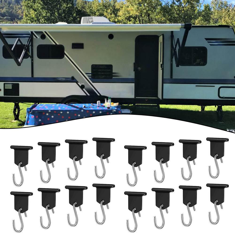 Piping Strip Hooks RV Awning Hooks 16PCS 16x ABS+Metal Black Camping Piping Rail Hook For Camping Tent Reusable