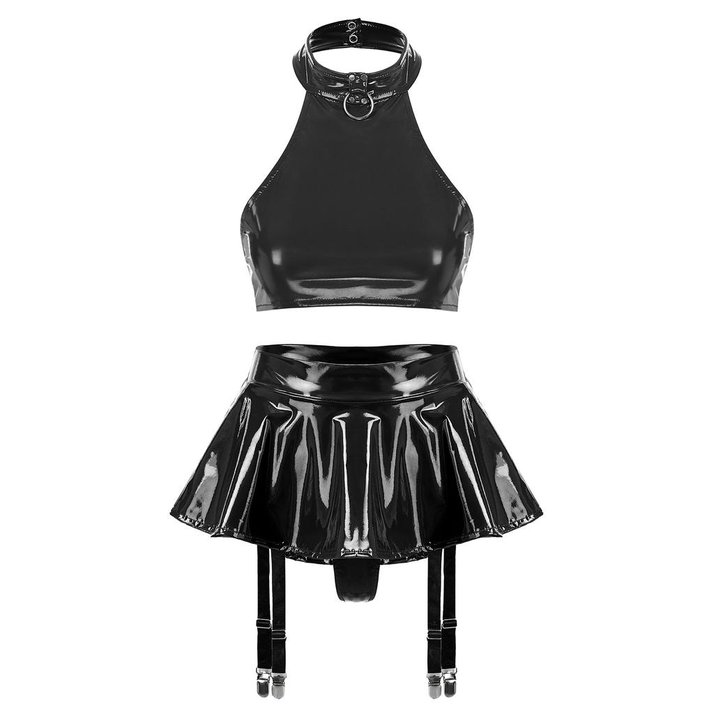 Womens Patent Leather Lingerie Set O-Ring Halter Backless Crop Top Built-in Thong Ruffle Miniskirt