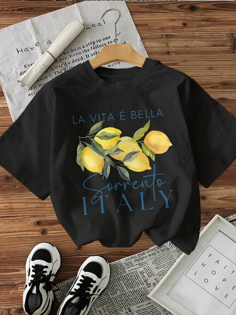 Grafisches Zitronenprint-T-Shirt Kurzarm Rundhalsausschnitt Lässiges Oberteil für Sommer Frühling Mode Damenbekleidung
