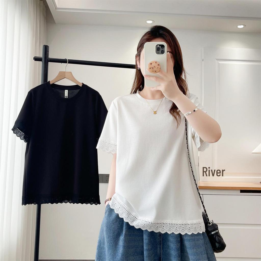 2026 Summer Plus Size Women's Lace Patchwork Cotton T-Shirt - Short Sleeve Slimming Top for Chubby Girls