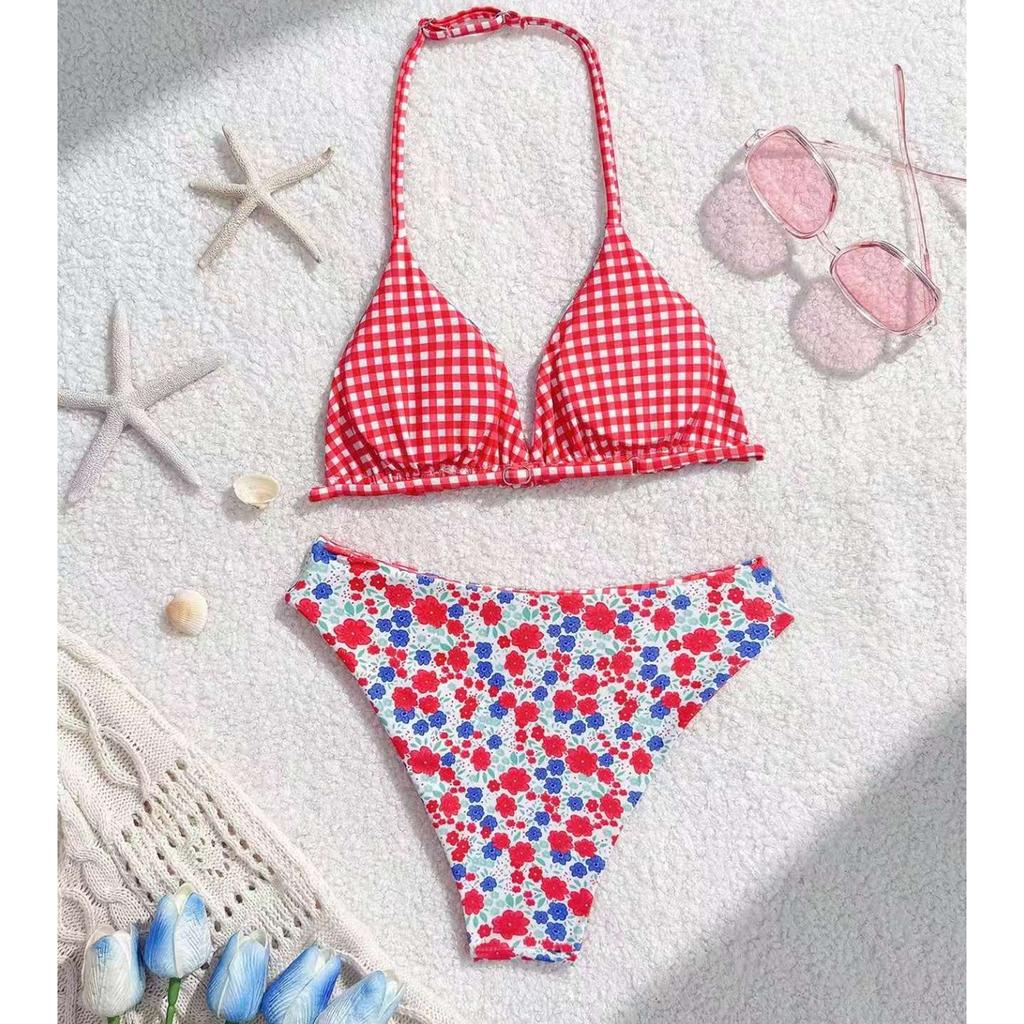Girls Two Piece Swimsuit High Waist Bikini Set with Floral Print and Checkered Pattern Adjustable Halter Neck for Outdoor Swimming