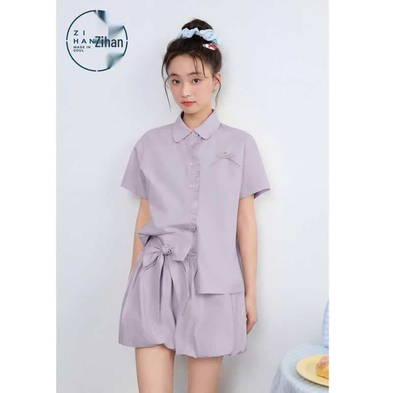 

Women s Ruffle Short Sleeve Shirt & Bow-knot Shorts Set XL