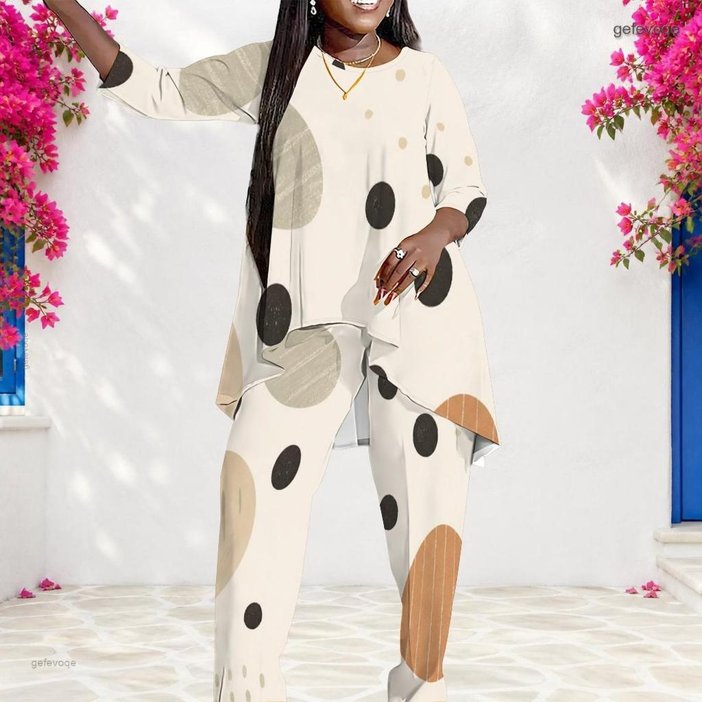Women Plus Size Round Neck Three Quarter Sleeve Geometric Printed Layered Top Long Pants Two Piece Set