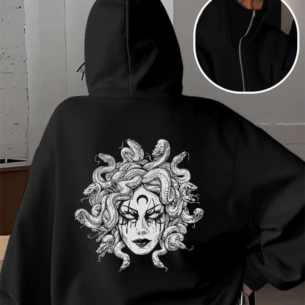 Women's Autumn Zipper Hoodie Black Premium Neutral Horror Medusa Printed Fashion Trend Top Double Hat Sports Velvet Sweatshirt