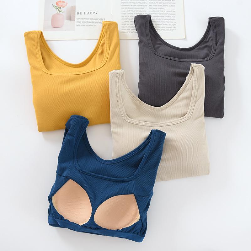 Women's Square Neck Long Sleeve Top with Built-in Bra Pads - Slim Fit for Early Autumn/Spring/Winter