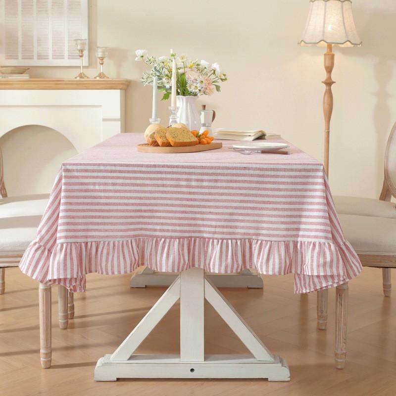 Striped Cotton Tablecloth With Ruffled Hem Dining Table Square Round Decorative Home Kitchen