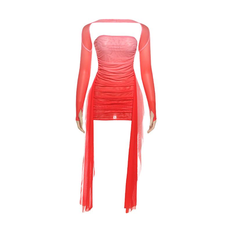 Summer Long Sleeve Bodycon Mini Short Dress Ribbon Pleated Tube Top Fashion New Sexy Party Dresses Hip Skirt Set Slim Fit Women's Clothing