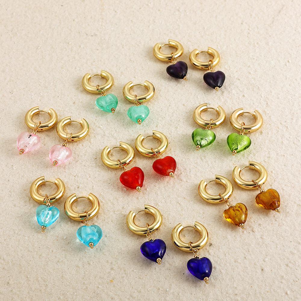 Colorful Glass Heart-shaped Pedant Drop Earrings For Women Stainless Steel Round Circle Hoop Hanging Earring Minimalist Jewelry