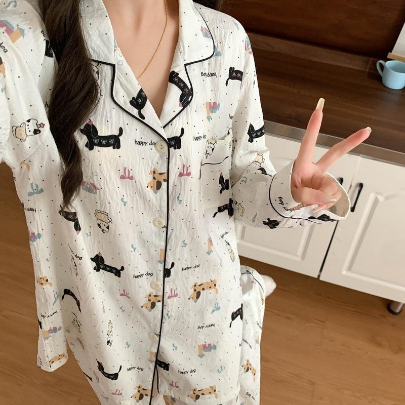 Cartoon Sausage Dog Plus Size Women's Long Sleeve Pajama Set for Spring/Autumn