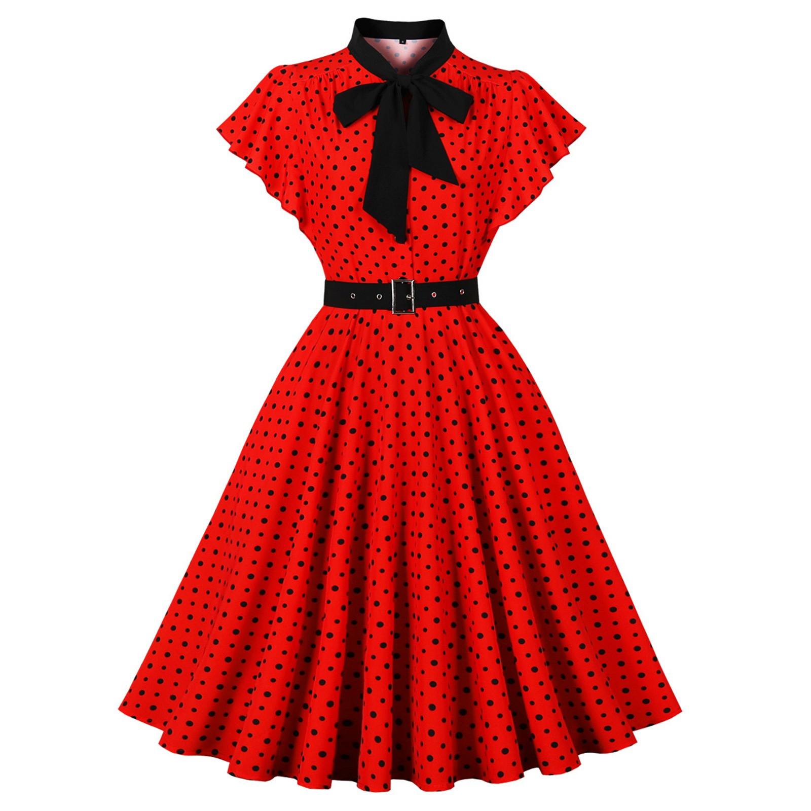 Women s Short Sleeve Round Neck Slim Knee-Length Dress Retro Polka Dot Dress L красный