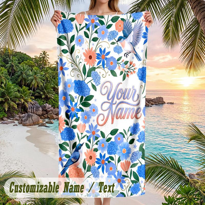 Floral Birds Artwork 1 Theme Quick Dry Beach Towel Custom Name Text Print Large Sand Resistant Towel Beach Vacation