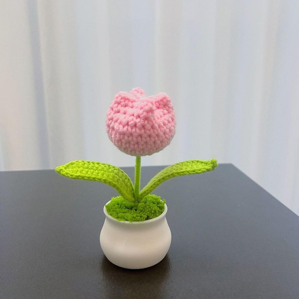 DIY Handmade Knitted Flowers Woolen Handcrafted Bonsai New Tulips Crochet Flower Potted  Home Decor