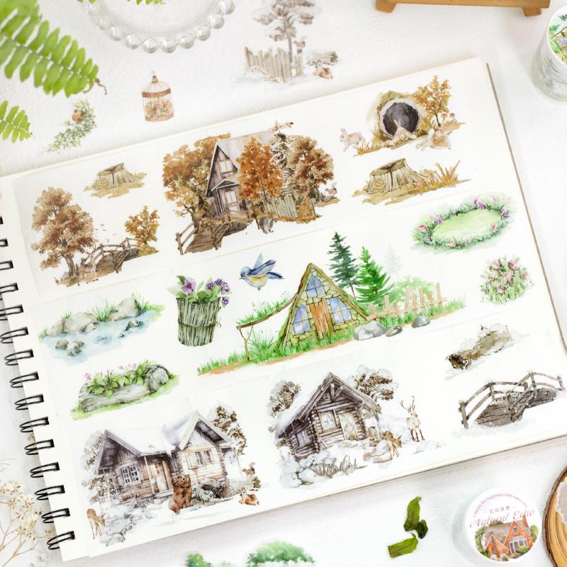 Journal GO 7x200cm Blockhütte Stanz-Washi-Tape-Sticker Ländliche Landschafts-Sticker für Journal Scrapbooking