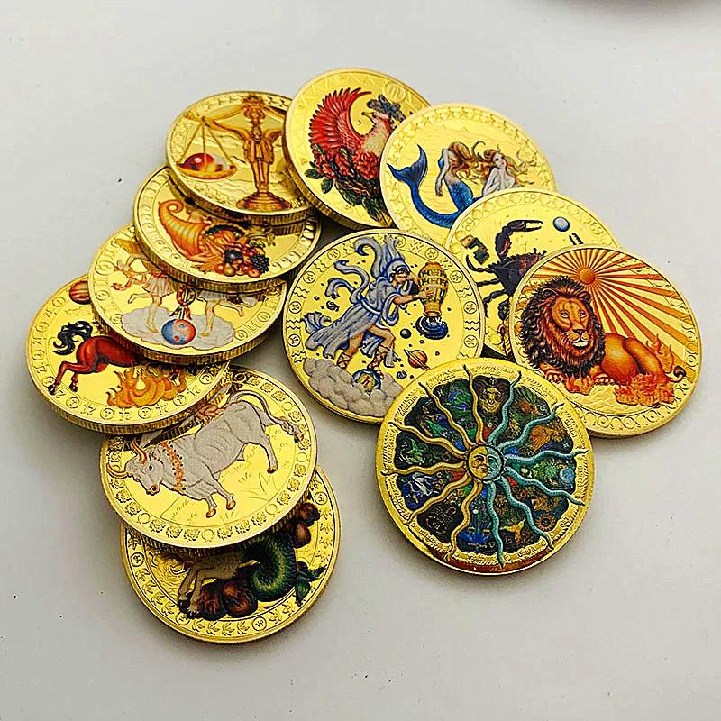 Twelve zodiac signs, color printing, Scorpio gold-plated color printing commemorative medal, Love Gemini decoration gold coin Libra coin, gift box set