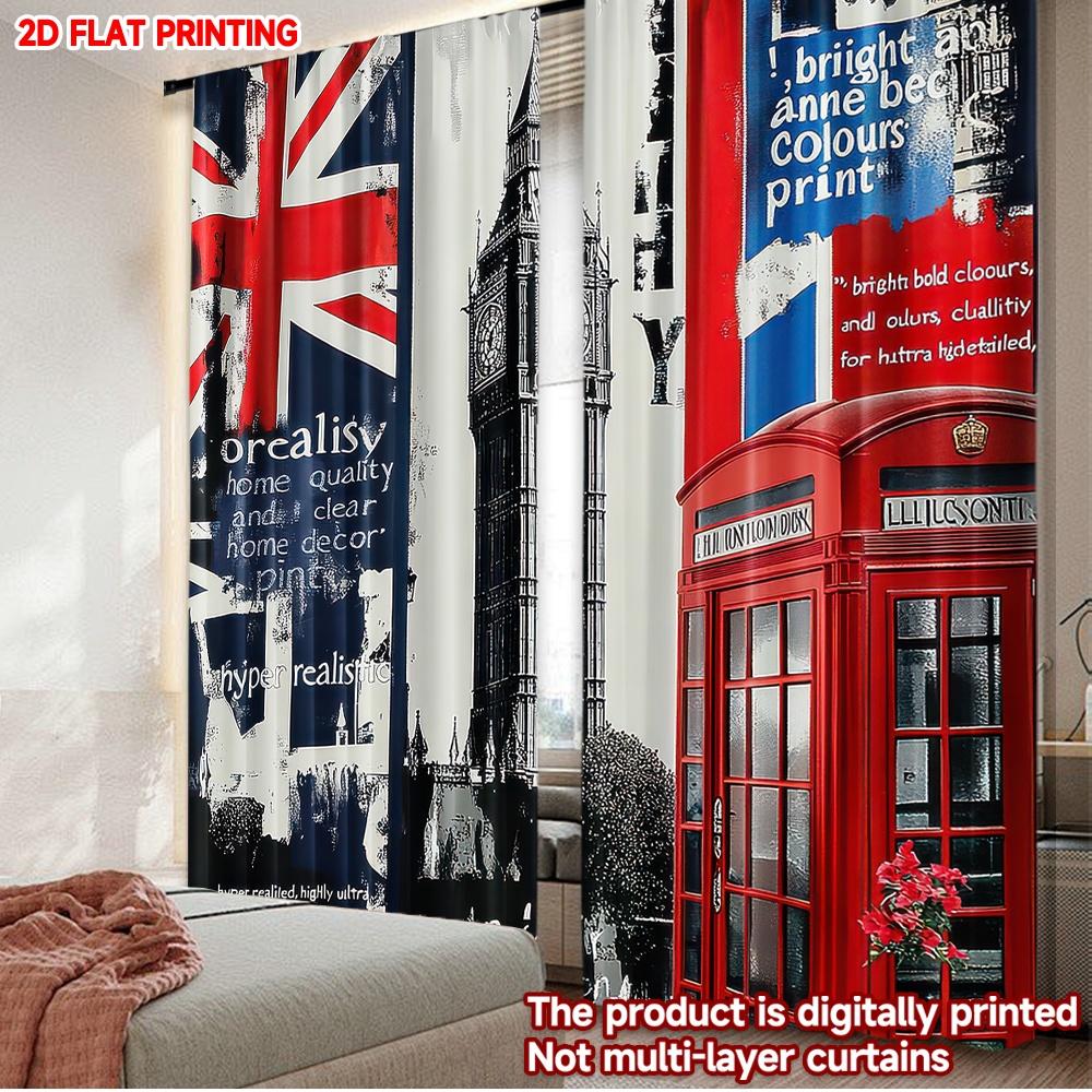 

Flat Printing Fashionable Christmas Curtains London Iconic Landmarks Digital Printed Polyester Drapes Festive Wall Decor Curtain Set Of 2 Made W100*H70(CM)-Grommet top&1PCS